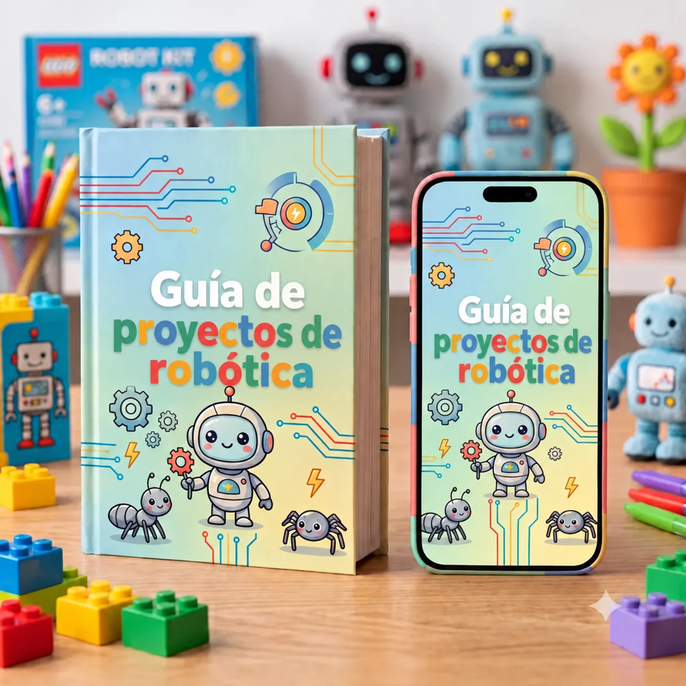 La Guía de proyectos de robótica en una tableta, un móvil y en papel, rodeada de proyectos terminados construidos por niños